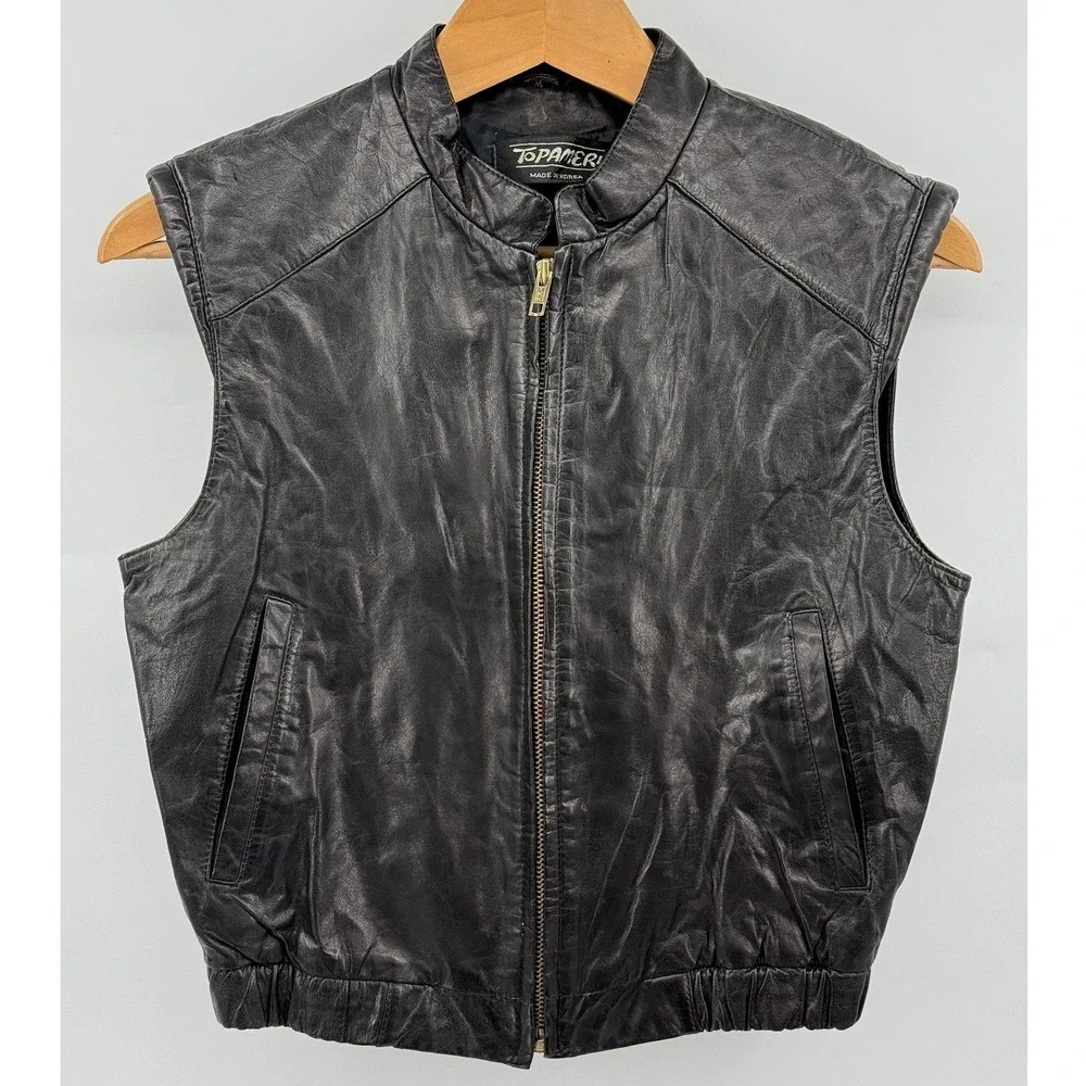 Vintage TOPAMERI Black Genuine Leather Mock Neck Zip Up Fall Vest Women's Size M
